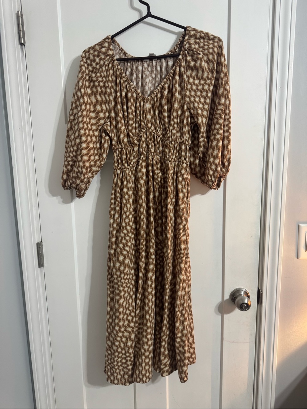 Neutral Brown Patterned Midi Dress with Smocked Waist